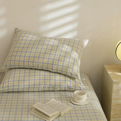 EAVD Blue Yellow Gingham Comforter Set Queen Soft Modern Grid Plaid Comforter Set 3 Pieces Reversible Grid Checkered Pattern Bedding with 2 Pillowcases Farmhouse Gingham Bedding Set for All-Season