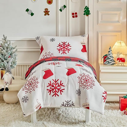 Christmas Toddler Bedding Set for Boys Girls Red White Sock Colorful Holiday 4PC Toddler Bed Set - Cute Toddler White Bed in a Bag with Gray Red Snowflake