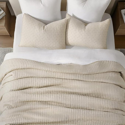 EVERGRACE Cross Stitch Pre-Washed Cotton Quilt Bedding Set Queen Size, Oversized 3 Pieces Lightweight Bedspread Coverlet for All Season, with 2 Matching Shams, Flax Beige, 92"x96"