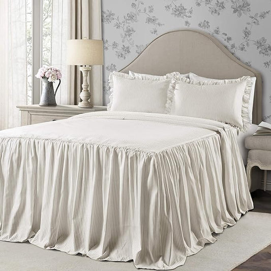 Lush Decor Ticking Stripe Bedspread Queen Size 3 Piece Set Wheat - Ruffle Bedding Set Queen Bedspreads - Striped Bedding - Farmhouse & Coquette Decor