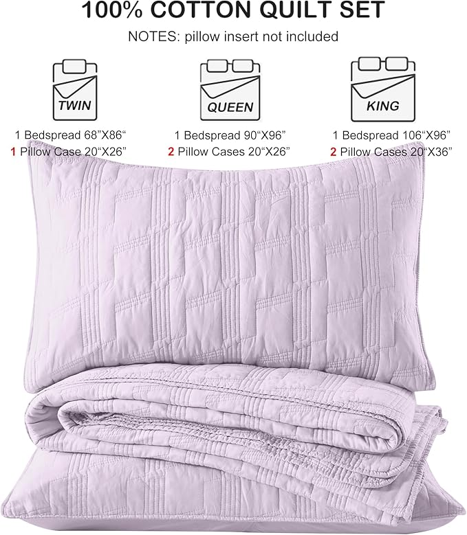 HORIMOTE HOME 100% Cotton Quilt Set Queen Size, Lavender Pre-Washed 3-Piece Bedspread Coverlet Set, Cozy Lightweight Stitching Bedding Cover with 2 Shams in Geometric Pattern for All Season