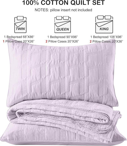 HORIMOTE HOME 100% Cotton Quilt Set Queen Size, Lavender Pre-Washed 3-Piece Bedspread Coverlet Set, Cozy Lightweight Stitching Bedding Cover with 2 Shams in Geometric Pattern for All Season