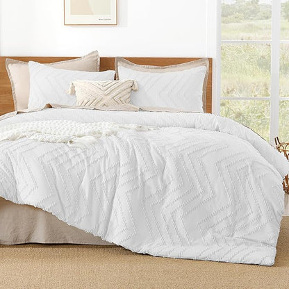 Litanika Comforter Oversized King Size Set White, 3 Pieces Chevron Tufted Vintage Solid Bedding Comforter Sets, Fluffy Bed Set