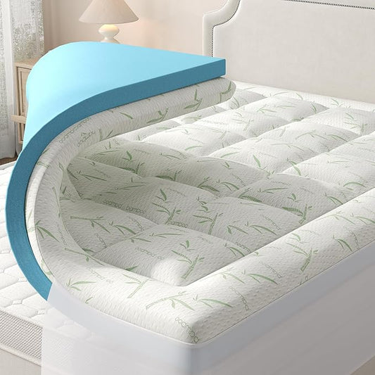 DUMOS Dual Layer 4 Inch Mattress Topper Queen, Memory Foam Mattress Topper - 2 Inch Gel Memory Foam and 2 Inch Pillow Top Mattress Pad Cover for Back Pain, Thick Soft Topper with 8-16 Inch Deep Pocket