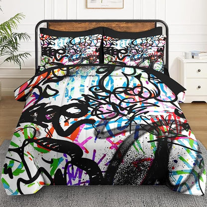 7 Pcs Queen Size Comforter Set with 2 Pillowcases & 2 Shams, Urban Modern Fashion Bedding for Kids and Adults, Abstract Graffiti Bed in a Bag with Flat Fitted Sheet