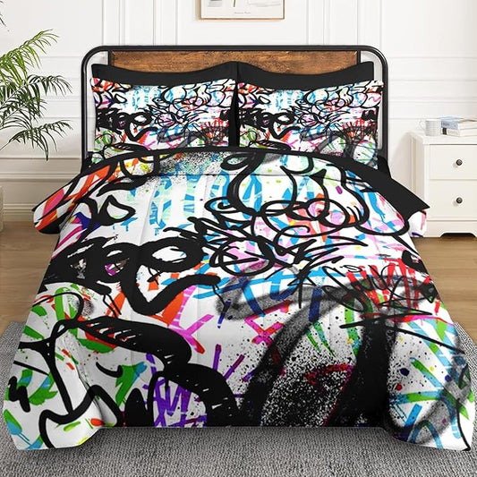 7 Pcs Full Size Comforter Set with 2 Pillowcases & 2 Shams, Urban Modern Fashion Bedding for Kids and Adults, Abstract Graffiti Bed in a Bag with Flat Fitted Sheet