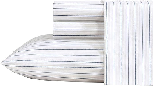 Nautica - Queen Sheets, Premium Cotton Percale Bedding Set, Striped Home Decor, Oeko-Tex Certified (Beaux Stripe Blue, Queen)