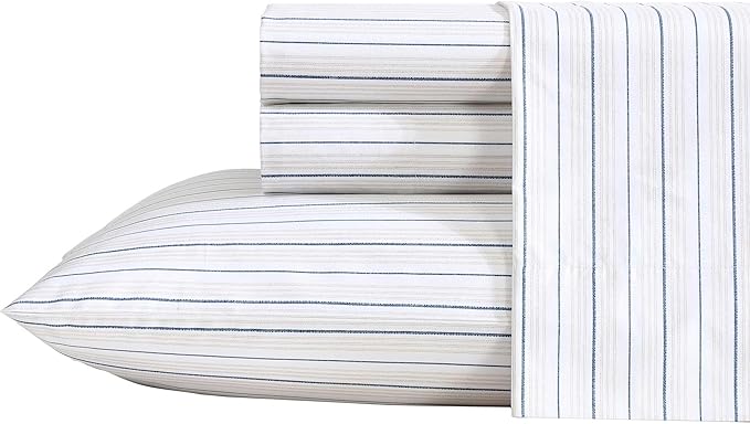 Nautica - Full Size Sheet Set, Crisp & Tailored Cooling Sheets with a Smooth Cotton Percale Lightweight Feel - Bed Sheets with Matching Pillowcases & Fitted Sheet (Beaux Stripe Blue)