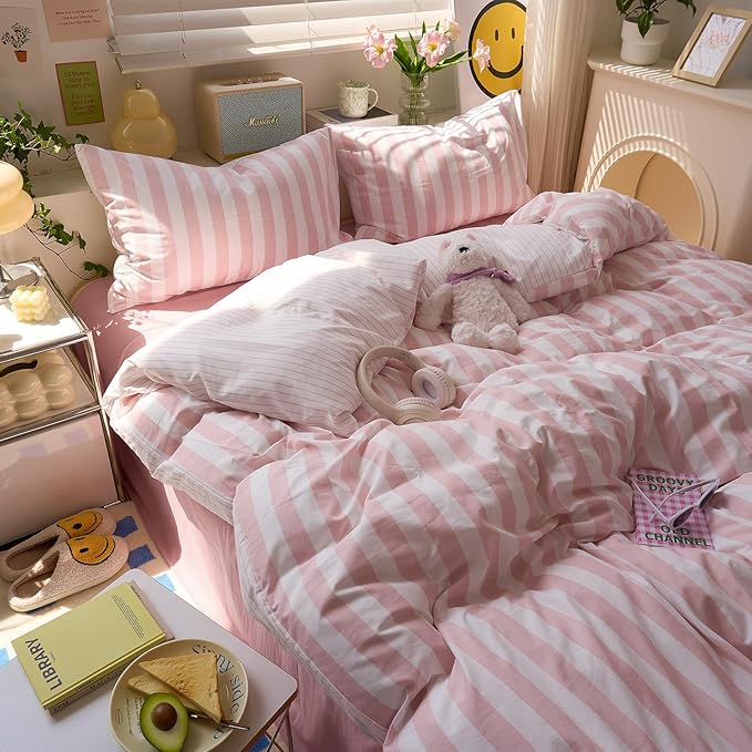 Peach Pink Striped Duvet Covers Queen Boho Patterned Comforters Cover Queen Size Farmhouse Aesthetic Preppy Cute Duvet Cover Set with Corner Ties Girls Bedding Washed Microfiber Duvet Protector