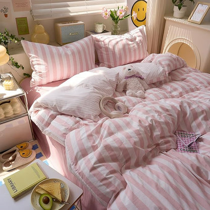 Peach Pink Striped Duvet Covers Queen Boho Patterned Comforters Cover Queen Size Farmhouse Aesthetic Preppy Cute Duvet Cover Set with Corner Ties Girls Bedding Washed Microfiber Duvet Protector