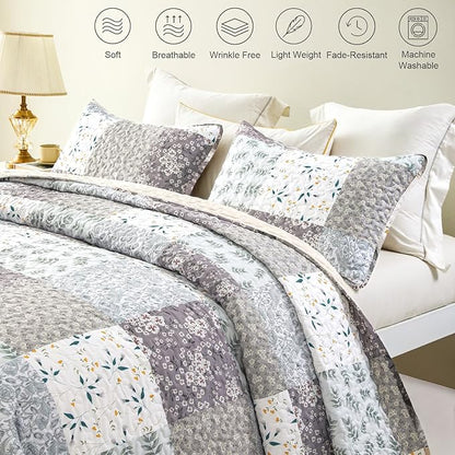 Whale Flotilla Patchwork Quilts Queen Size, Extra Soft Boho Floral Bedspreads for Bed Reversible Lightweight Full Queen Quilt Bedding Set Printed Coverlets with 2 Pillow Shams for All Seasons, Grey
