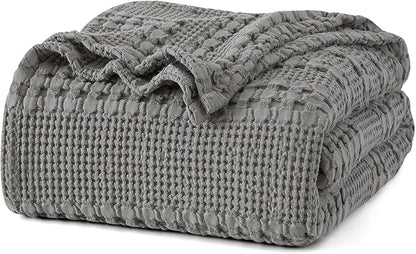 PHF 100% Cotton Waffle Weave Blanket Queen Size for Bed, Soft Lightweight & Breathable for Spring and Summer, All-Season Comfort, Luxury Aesthetic Blanket for Home Decor, 90"x90", Dark Grey