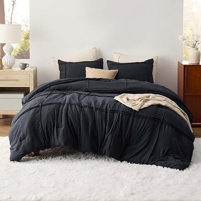 Bedsure Queen Comforter Set with Sheet - 4 Pieces Soft Black Bedding, Grid Pinch Pleat, All Season Lightweight Fluffy Bed Set with Solid Boho Comforter, Pillowcases & Sheet