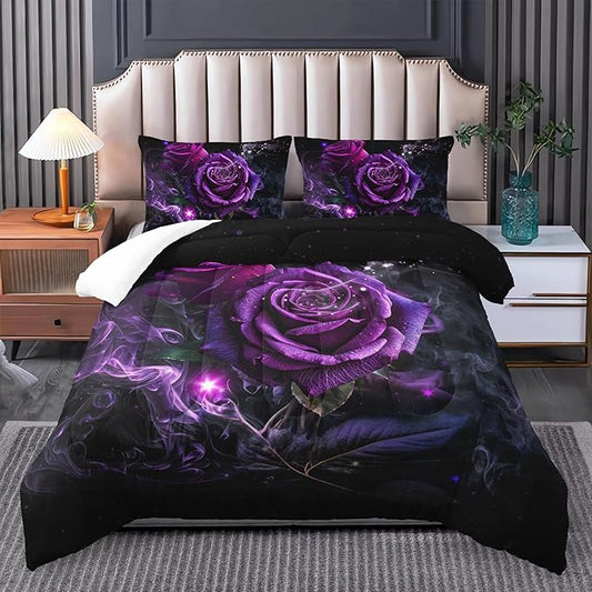 Purple Rose King Size Comforter Set - King Quilt Bedding Set with Flower Pattern for Women's Bedroom Decor