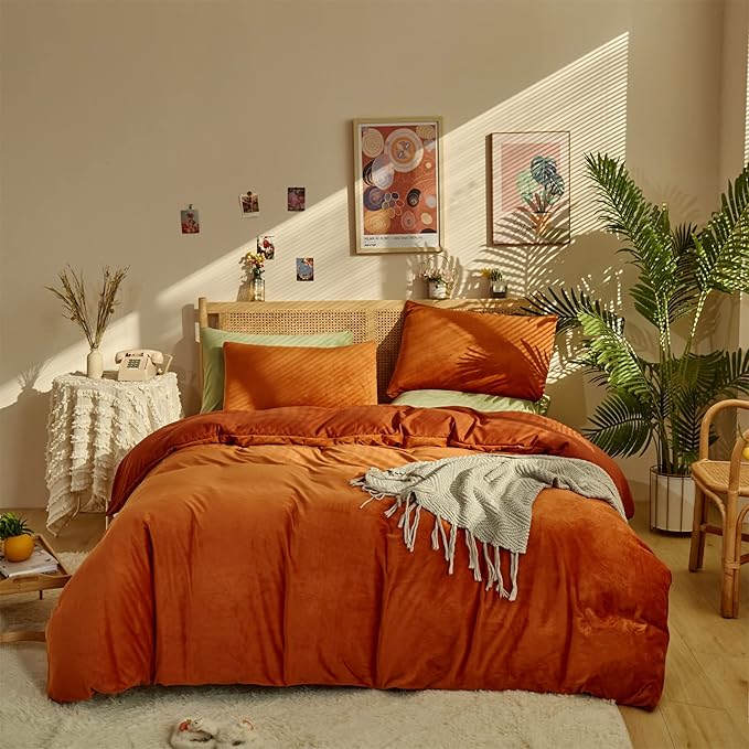 Houseri Burnt Orange Velvet Comforter Set King Rust Comforter Fluffy Bedding Sets Brick Red Comforter Micromink Sherpa Comforter Set Flannel Fuzzy Bed Blanket Rust Red Terracotta Comforter King Size