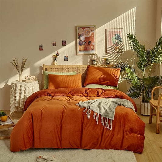 Houseri Burnt Orange Velvet Comforter Set King Rust Comforter Fluffy Bedding Sets Brick Red Comforter Micromink Sherpa Comforter Set Flannel Fuzzy Bed Blanket Rust Red Terracotta Comforter King Size