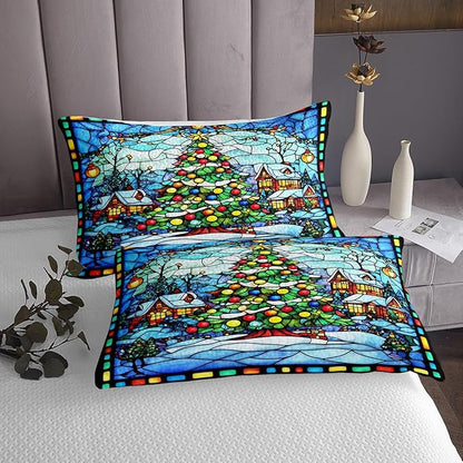 Christmas Trees Bedspread King Size,Merry Christmas Happy New Year Snowflake Coverlet Set,Boys Girls Room Decor,Rustic Farmhouse Cabin Pine Quilted Coverlet,Blue Xmas Bedding Quilt,2 Pillowcases