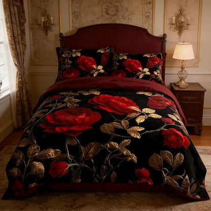King Size Bed in A Bag for Girls, 7Pcs Vintage Floral Comforter on Burgundy Back, 1 Quilted Comforter + 2 Pillow Cases + 1 Flat Sheet + 1 Fitted Sheet + 2 Pillowshams