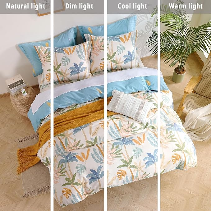 Tropical Coastal Blue Cotton Comforter King Size 3Pcs - Bright Orange, Olive Green & Beige Palm and Leaf Patterns, Botanical Lightweight Reversible Bedding Sets with Soft Fill(104"×90")