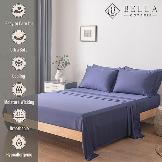 Bella Coterie 6 Piece Luxury Bamboo Viscose Queen Size Sheet Set | 100% Organically Grown | Cooling for Hot Sleepers | 18" Deep Pocket | Soft & Hypoallergenic | 4 Pillowcases [Twilight Blue]