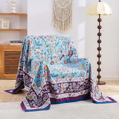 Fall Blanket for Bed, 100% Cotton Soft Rustic Boho Throw Blanket Quilt, 90"x98" Farmhouse Decor Bed Flower Blankets, Light Weight Reversible Bohemian Throw Quilt