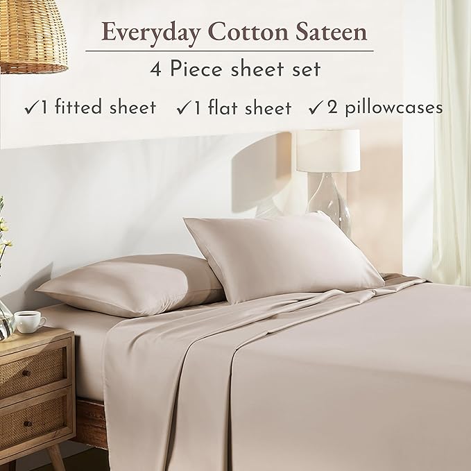 California Design Den King Size Sheets Set - Natural 100% Cotton Sheets King Size with Deep Pockets, Soft Sateen Weave, Breathable and Durable Bedding Set Beige (Warm Taupe)