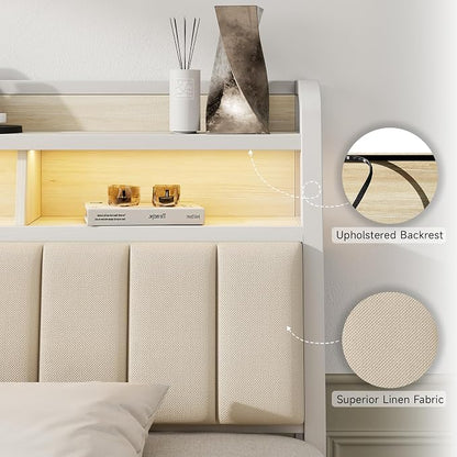 Queen Headboard Only with Storage, Upholstered Headboards for Queen Size Bed with LED Light, Charging Station, Height Adjustable, Sturdy and Stable Headboard, Off White