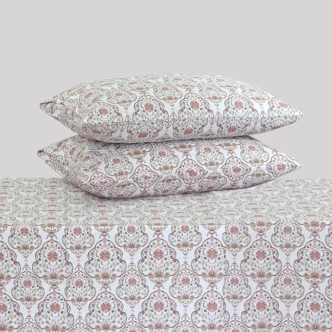 Feather & Stitch Printed 500 TC Twin Size 3pc Damask Bed Sheet Set, 100% Soft Cotton Breathable Bedsheets, 18" Deep Pockets Sateen Weave Striped Bedding Mattress Resort Hotel Luxury - Floral Bloom
