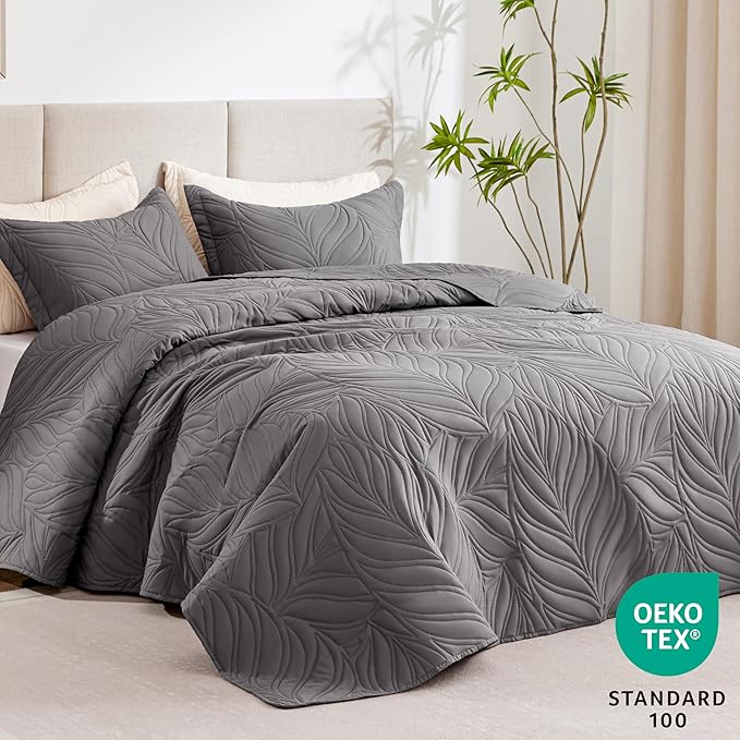 EXQ Home Quilt Set Full Queen Size Grey 3 Piece,Lightweight Soft Coverlet Modern Style Leaf Pattern Bedspread Set(1 Quilt,2 Pillow Shams)