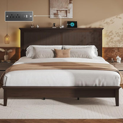Lifezone King Bed Frame with Headboard, Solid Wood Bed Frame King Size with Charging Station & RGB LED, Wood Slats Support, Noise-Free, Sturdy Structure, Easy Assembly, Walnut