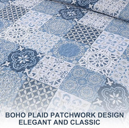 Dobuyly Blue Quilt Set Queen Size, Boho Mineral Blue Plaid Patchwork Bedspreads Coverlet Set, 3 Pieces Soft Lightweight Microfiber Quilt Bedding Set for All Seasons 96"x90"