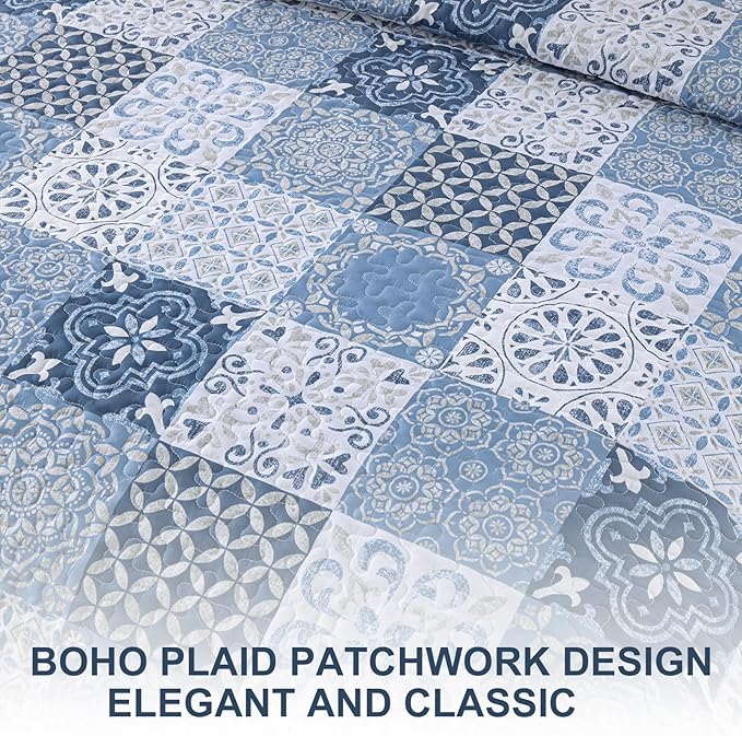 Dobuyly Blue Quilt Set King Size, Boho Mineral Blue Plaid Patchwork Bedspreads Coverlet Set, 3 Pieces Soft Lightweight Microfiber Quilt Bedding Set for All Seasons 110"x90"