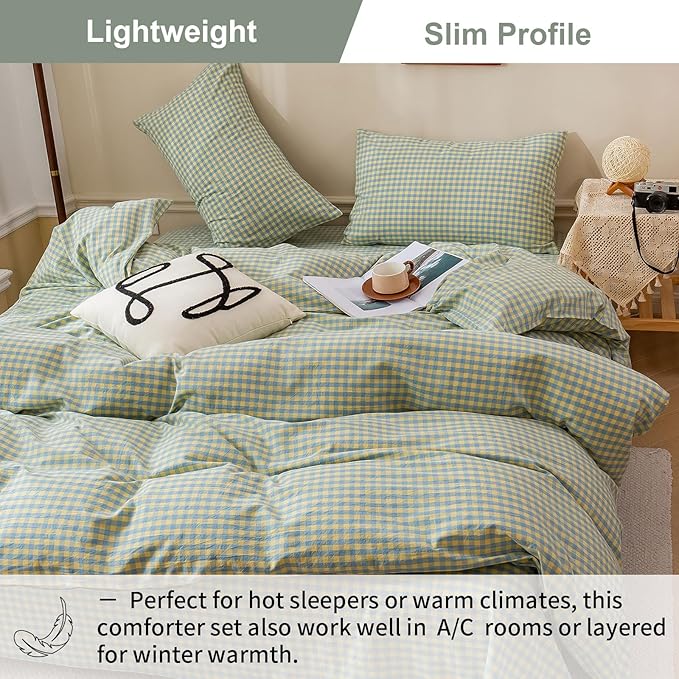 EAVD Blue Yellow Gingham Comforter Set Full Soft Mini Grid Plaid Checkered Pattern Bedding Set with 2 Pillowcases Modern Farmhouse Gingham Plaid Comforter Set for All-Season