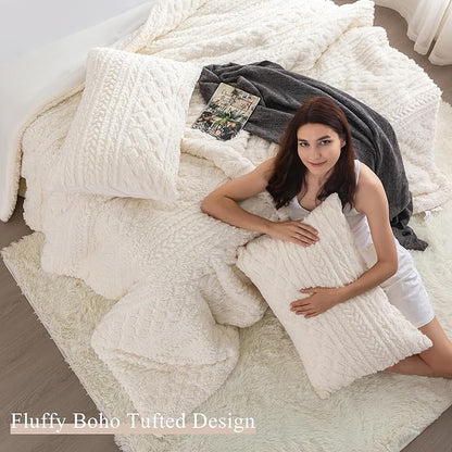 COTTEBED Sherpa Fluffy Comforter Sets KING Size Bed, Boho Tufted Cal KING Bedding Down Comforter, Lightweight Super Soft Reversible Washed Cotton Shabby Plush Fleece Sherpa All Season, Off White Ivory