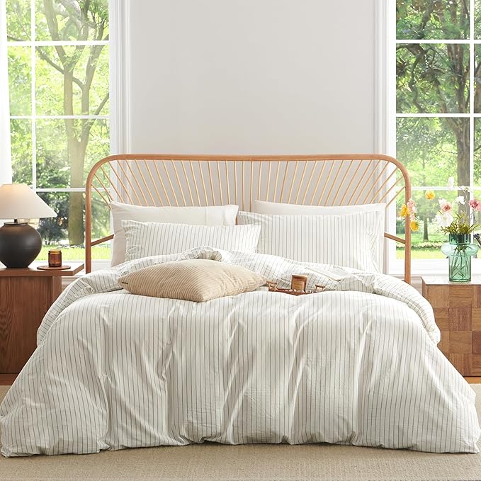 Nayoroom Striped Duvet Cover Full Size 100% Washed Cotton White Brown Stripe Duvet Cover 3 Pieces Soft Breathable Girls Dorm Bedding Set for All Seasons, Yarn Dyed Process
