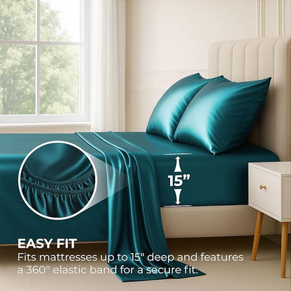 Satin Sheets Queen [4-Piece, Teal] Hotel Luxury Silky Bed Sheets - Extra Soft 1800 Microfiber Sheet Set, Wrinkle, Fade, Stain Resistant - Deep Pocket Fitted Sheet, Flat Sheet, Pillow Cases