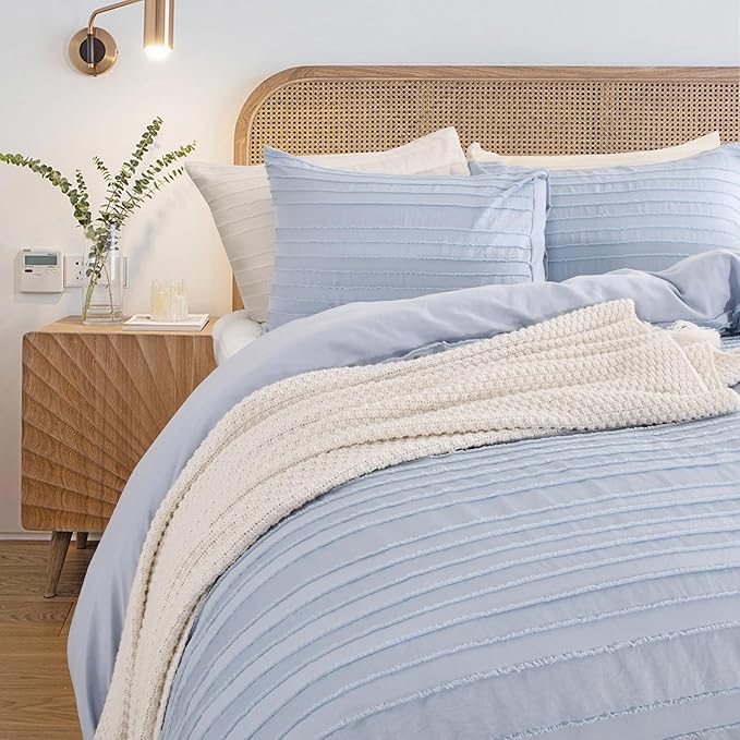 NEXHOME PRO Duvet Cover King,Blue 3 Pieces Boho Tufted Duvet Cover Set, Soft and Lightweight 100% Washed Microfiber Comforter Cover Set for All Season(Blue King, 104 x 90)-No Comforter