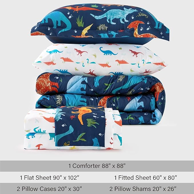 Queen Size Dinosaur Kids Bedding Set for Boys, 7 Pieces Super Soft Lightweight Microfiber Comforter Set with Sheets, Bed in a Bag, Children Bed Set