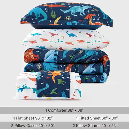 Queen Size Dinosaur Kids Bedding Set for Boys, 7 Pieces Super Soft Lightweight Microfiber Comforter Set with Sheets, Bed in a Bag, Children Bed Set