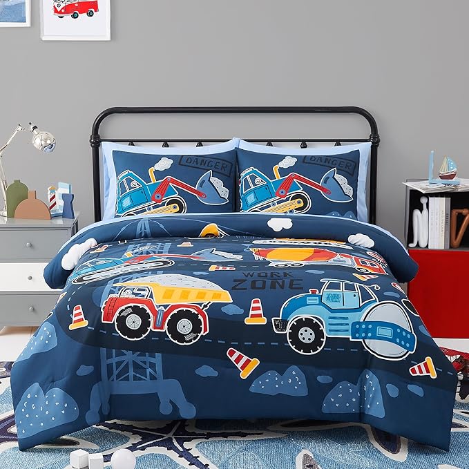 Full Kids Comforter Set - 7 Pieces Full Bedding Sets for Boys Teen, Glow in The Dark Truck Tractor Excavator Bed in A Bag with Sheets