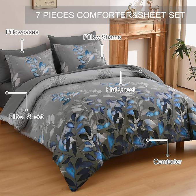 Anibedding 7 Pieces King Size Comforter Set, Grey Blue Botanical Gradient Leaves Ultra Soft Microfiber Down Alternative Bedding Set with Sheets and Pillowcase for All Season