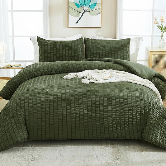 AveLom Dark Olive Green Seersucker Twin Comforter Set (68x90 inches), 2 Pieces-100% Soft Washed Microfiber Lightweight Comforter with 1 Pillowcase, All Season Down Alternative Bedding Set