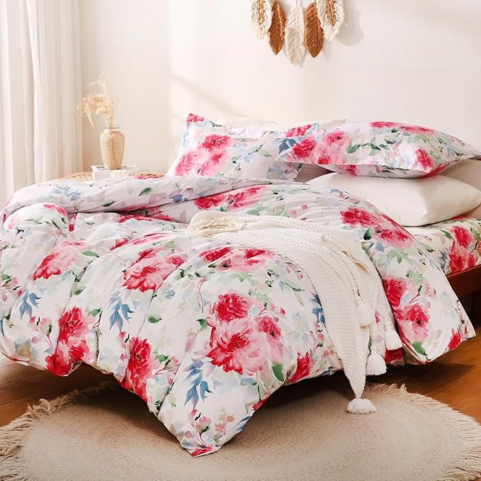 JSD Rose Floral Duvet Cover Set Queen Size, 3 Piece Soft Printed Microfiber Comforter Covers Zipper Closure