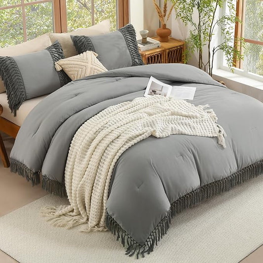 Andency Comforter King Size Set Medium Grey, 3 Pieces Boho Tassel Lightweight Fluffy Bedding Comforters & Sets, Soft All Season Bed Set (104x90In Comforter & 2 Pillowcases)