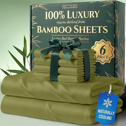DECOLURE 100% Viscose Derived from Bamboo Sheets California King Size - Luxury 6 Pc Naturally Cooling Sheets, Ultra Soft Bed Set - Deep 17" Pockets, Double Stitching, Oeko Tex Standard (Light Olive)
