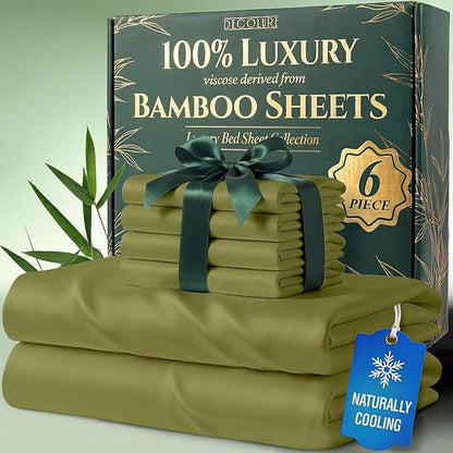DECOLURE 100% Viscose Derived from Bamboo Sheets King Size - Luxury 6 Pc Naturally Cooling Sheets, Ultra Soft Bed Set - Deep 17" Pockets, Durable Double Stitching, Oeko Tex Standard (Light Olive)