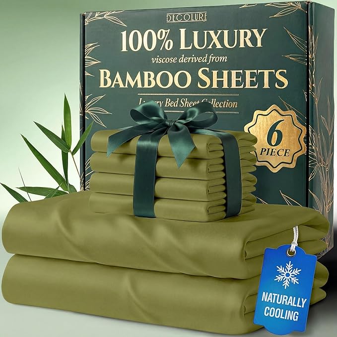 DECOLURE 100% Viscose Derived from Bamboo Sheets Full Size - Luxury 6 Pc Naturally Cooling Sheets, Ultra Soft Bed Set - Deep 17" Pockets, Durable Double Stitching, Oeko Tex Standard (Light Olive)