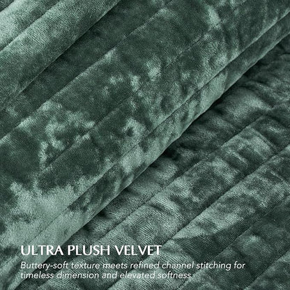 EVERGRACE Velvet Quilt Set Queen Size, Luxurious Soft Striped Channel Bedding Set, Lightweight Velvet Comforter for All Season, Oversized Bedspread Coverlet with 2 Matching Shams, Pine Green