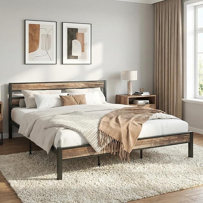 LIKIMIO California King Bed Frame wtih Headboard, Easy Assembly, Noise-Free, No Box Spring Needed, Heavy Strong Metal Support Frames, Rustic Brown