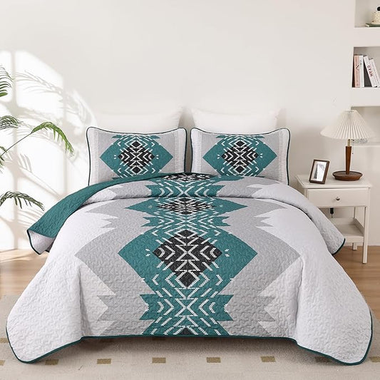 Dintszyayue Boho Quilt Set King 3 Pieces Teal Aztec Texture Bedspread Coverlet Set with 2 Pillowcases Turquoise Soft Lightweight Microfiber Bohemian Quilt Bedding Set for All Season 90"x103"